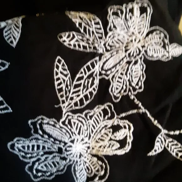 Loft White Embroidered Floral Split Neck Black Dress(as is -no belt) - Picture 7 of 14